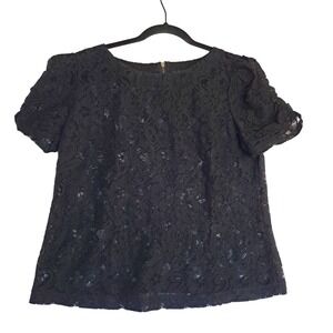 Forever 21 Lace Shirt Womens‎ Large Black Sheer Boxy Exposed Zipper Chic Casual